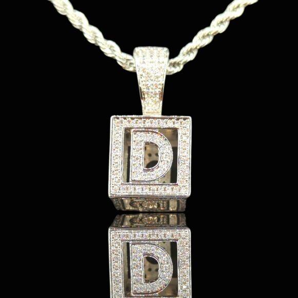20"Rope Chain - 14K White Gold Finish Square Letter D. - Picture 1 of 7
